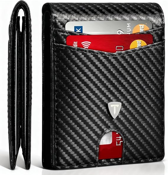 Wallet RFID Blocking Carbon Fibre Leather Mens Wallets with 11 Credit Card Holder, 1 ID Window, 2 Banknote Compartments, Bi-Folded Wallets for Men UK with Gift Box - Black