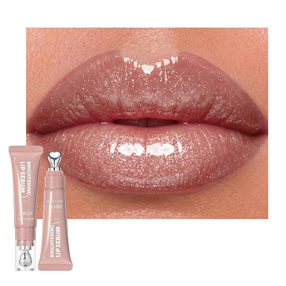 URQT Brightening Lip Serum, Hydrating Glossy Lip Oil with Metal Applicator, Plumping Moisturizing Lip Care Tint, Non-Sticky High Shine Lip Glow for Dry Lips (06# NUDE PINK)