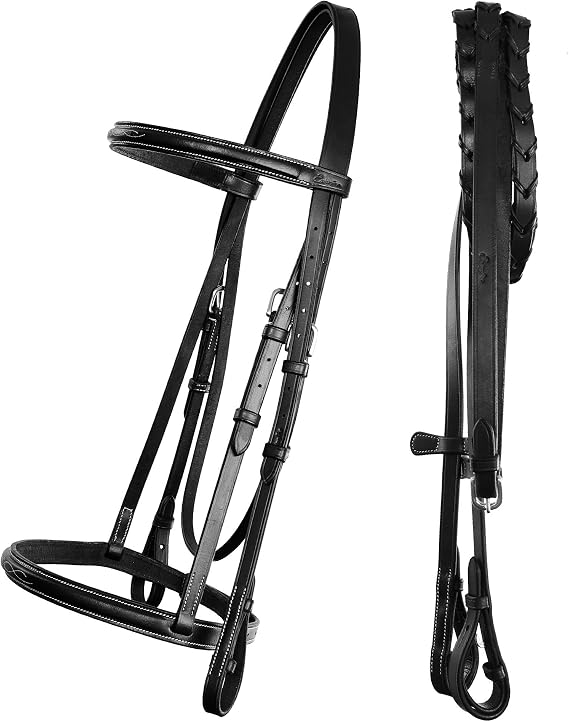 Exion Fancy Stitched Raised Veg-Tanned Leather Hunter Bridle with Laced Reins Classic Plain Cavesson Snaffle Bridle Set for Horses Traditional English Equestrian Show Tack, Pony Cob Full Warmblood