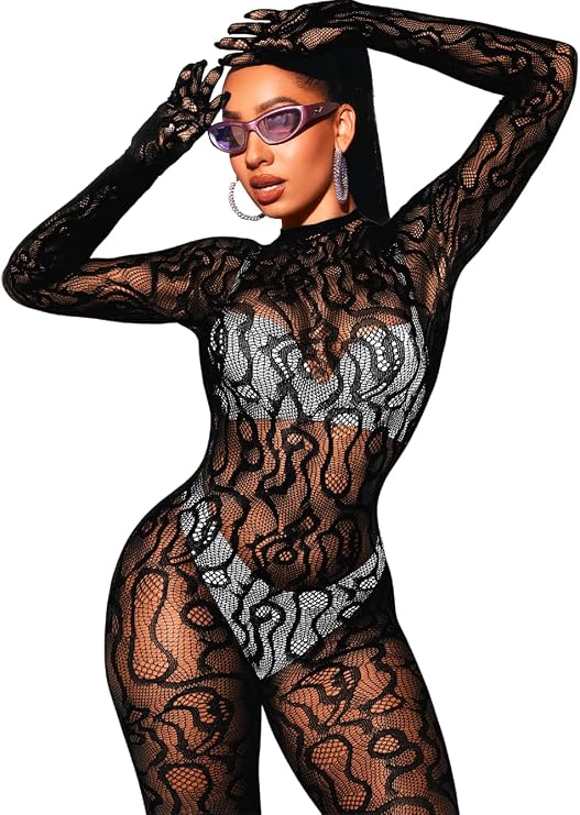 EHSUYAB Women Sexy Fishnet Full Bodysuit, Mesh Lace Poster Jumpsuit Glow Party Rave Outfits, Body Stockings Halloween Costume