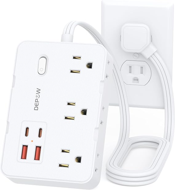 DEPOW Surge Protector Power Strip, 3 FT Extension Cord with 6 AC(1625W/13A Outlets 4 USB Ports,1050J Surge Protection, Wall Mountable Charging Station for Office, Home, White