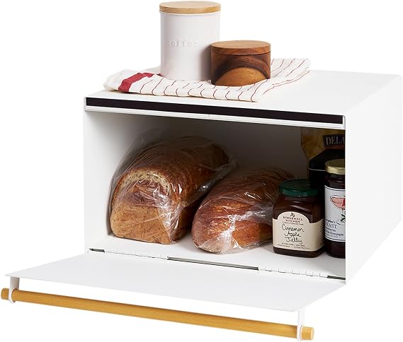 YAMAZAKI Home Modern Bread Box Steel + Wood Countertop Bread Storage Container, Large White Bread Box for Kitchen Countertop, Space-Saving Bread Keeper, Easy Access Lid