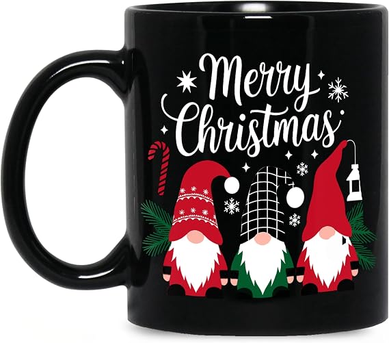 Merry Christmas Gnomes Mug 11oz Ceramic Holiday Coffee Cup, Festive Santa Gnome Design, Christmas Gift for Gnome Lovers Black
