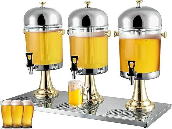 Cold Hot Juice Dispenser, 24L Stainless Steel Clear Glass Drink Dispenser, Commercial Beverage Dispenser Three Head Juicer Dispenser for Breakfast Buffet Bars Hotels,Gold