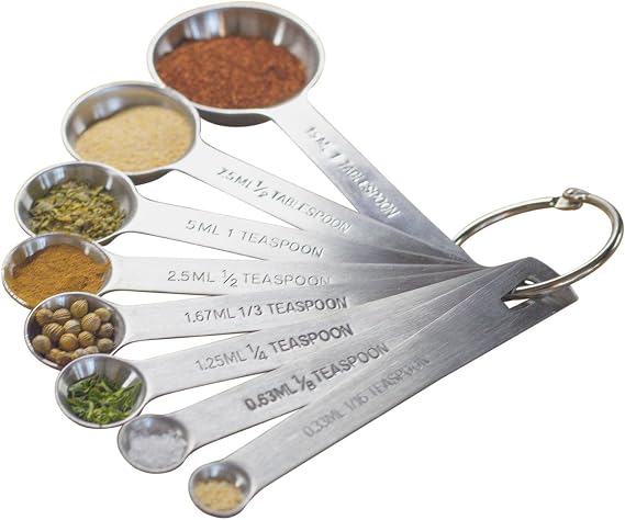 MEKBOK Set of 8 Stainless Steel Measuring Spoons - With 1/8, 1/3 and 1/16 Teaspoon, 1/2 Tablespoon - Metric and US Measurements - The Complete Set for Your Kitchen
