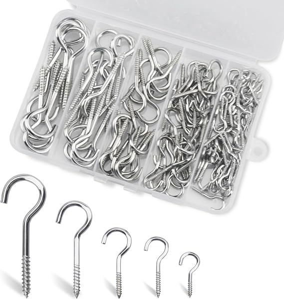125 Pcs Ceiling Hooks for Hanging Plants - 5 Sizes Metal Screw Hooks Heavy Duty,DIY Hanging Hooks Decors for Christmas String Lights Cup Wind Chime,Bird Feeders Indoor&Outdoor (Silvery, 125PCS)