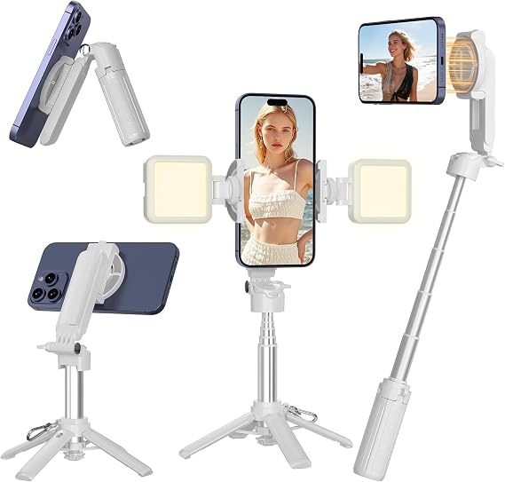 Magnetic Mini Selfie Stick for iPhone, 4 in 1 Portable Pocket Size Tripod for iPhone MagSafe/Android with Remote/Stepless Adjustable Fill Lights, Small/Compact Cell Phone Stand for Travel Vlog-White