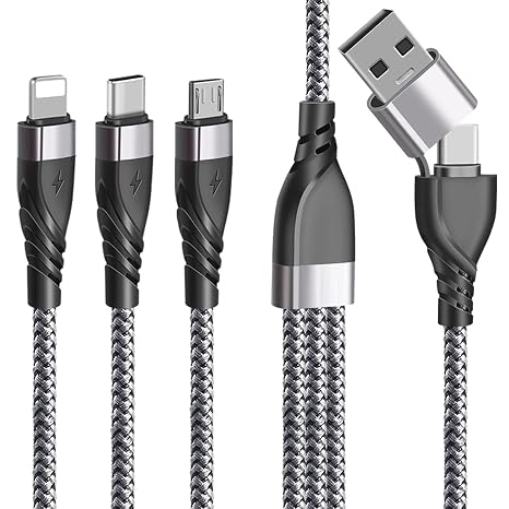 5 in 1 Multi Charger Cable, USB-A & USB C Fast Charging Cord with iP, Type C & Micro USB Connectors, Universal Charging Cable for Multiple Devices, Samsung Galaxy, Huawei, Xiaomi, Tablet, 1.2M