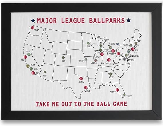 Baseball Stadium Map Tracker with 30 Major League Ballpark Puffy Stickers