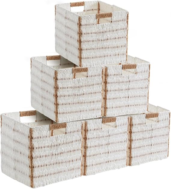 Ornavo Home Wicker Storage Cubes Bin, 9 Inch Storage Shelf Basket Collapsible Natural Hand Woven Paper Storage Cube Bin with Handles - Set of 6, White/Brown