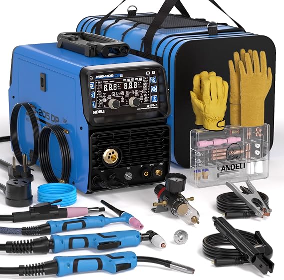 ANDELI Multiprocess Welder,8 in 1 Plasma CutterPulsed MIGHF TIGFlux CoreColdCleanStick Aluminum Welding Machine 110220V Dual Voltage 2026 Newest MIG-205DP