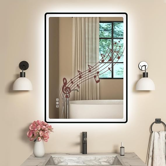 STARLEAD Bathroom Mirror with Dimmable LED Lighting 3 Light Colours Memory Function Defogging Function Bluetooth Tempered Glass IP44 Horizontal/Vertical Hanging 80 x 60 cm Black [Energy Class E]