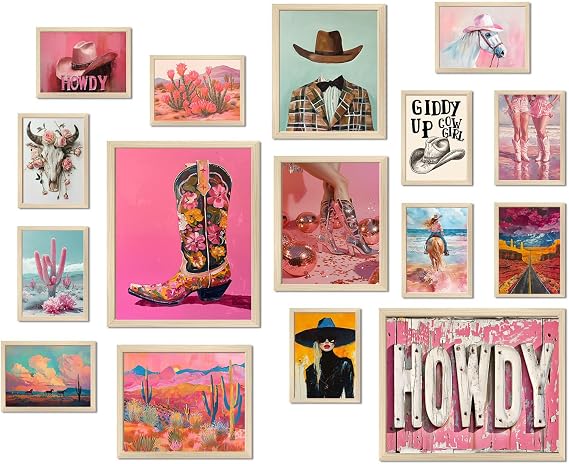 Aroutde Pink Cowgirl Wall Decor, Aesthetic Western Canvas Wall Art for Preppy Pink Room Decor, Retro Coquette Pictures, 16Pcs (Unframed)