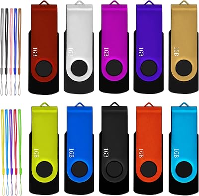 1GB USB Flash Drive 10 Pack, Nicepicten USB 2.0 Thumb Drives Zip Drive USB 1GB Memory Stick Swivel Pendrive Jump Drives Multipack with 10PCS Lanyard for Events Office Colorful 10Pack 1 GB