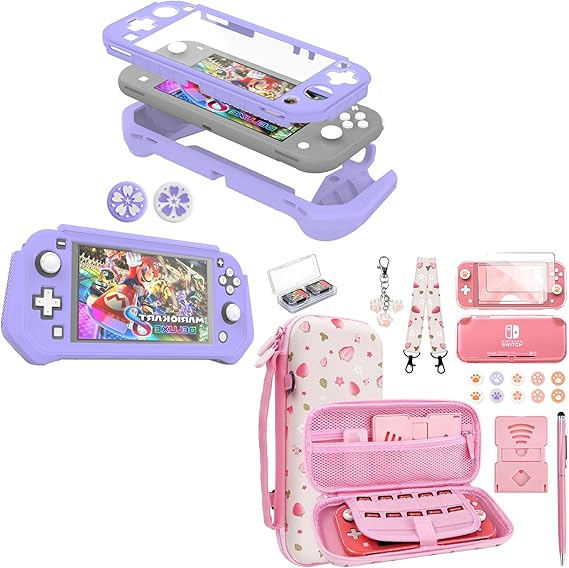 Switch Lite Case Purple and Switch Lite Accessories Bundle Pink