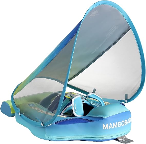 Mambobaby Float with Canopy Baby Pool Float Non-Inflatable | Baby Float with UPF 50+ Sun Shade Upgraded Add Tail Solid No Air Swim Float for Infant 3-24 Months, Rainbow Green