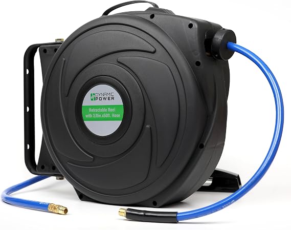 DYNAMIC POWER Elite Retractable Air Hose Reel with 3/8-Inch by 50-Feet PU Air Hose exceptional resistance to abrasion, oil, and weather - DP-HR5-315