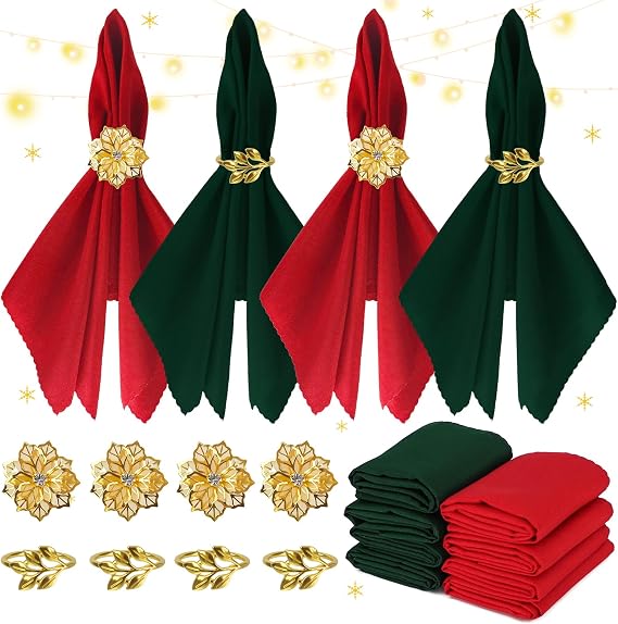 16 Pcs Christmas Napkin Rings Cloth Set, Include 8 Pieces Gold Napkin Rings with 8 Pieces Solid Color Dinner Napkins for Party Decoration, Dinning Table, Holiday, Wedding, Tabletop Decor