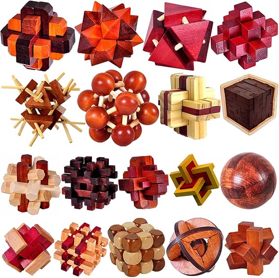 18 Pack Large Wooden Brain Teaser Puzzles Wooden Burr Puzzles Brain Teaser Puzzle with Gift Packing Box Magic Puzzle Games Toys Stocking Stuffers Party Favors for Kids and Adults (Classical Wood)
