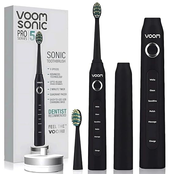 Voom Sonic Pro 5 Series Ultrasonic Electric Toothbrush for Adults (Black) USB Rechargeable 40,000 Strokes/Minute 5 Speeds Bathroom Essentials & Travel Essentials