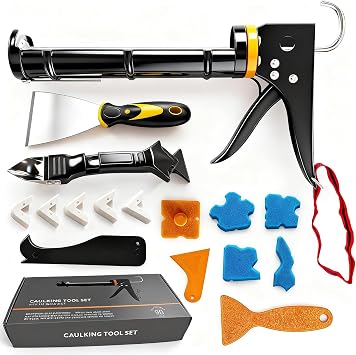 Caulk Gun Kit with Caulk Remover Tool - Smooth Silicone Caulking Gun Set for Caulking Removal, Shower & Bathroom, Includes Caulking Gun Tool, Caulk Scraper Tool Spackle Knife, All in One with Gift Box