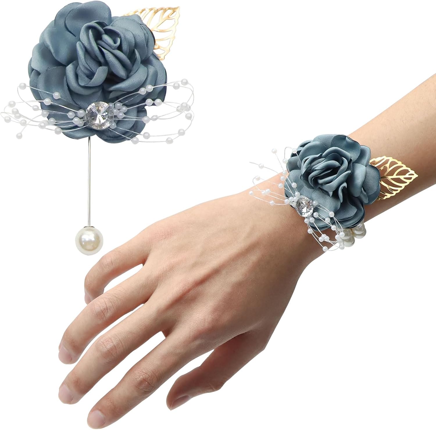 2PCS Blue-Gray Corsage for Wedding and Prom Rose Wrist Corsage Bracelet with Pearl Wrist Band, Ribbon Flower Wrist Corsage for Women, Girls, Bridal, Bridesmaid etc