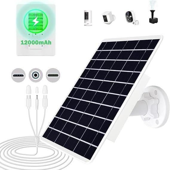 8W Solar Panel Built-in with 12000mAh Battery for Security Camera Outdoor, 3in1 Plug Charger Panel for Ring/Eufy/Wyze Battery cam, Support Emergency Power for Camping Hiking Lights, Phones, Tablet PC