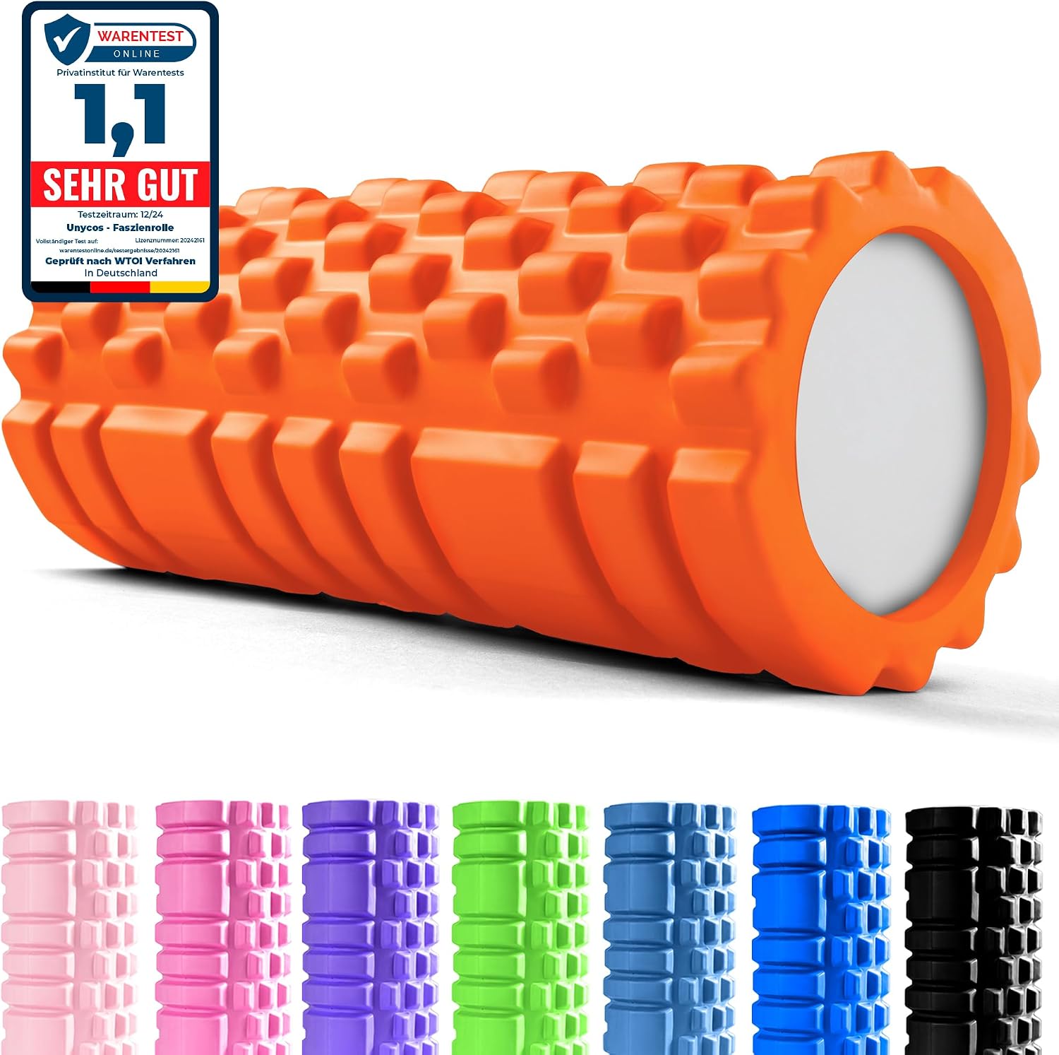 unycos - Fascia Roller (33 x 14 cm) Fitness Roll with 3D Texture Massage and 50 Exercises E-Book Hard Foam Roller for Self-Massage Maximum Load 130 kg Massage Roller for Functional Training (Orange)