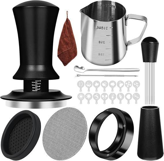 Y-Step Coffee Tamper Set - Espresso Barista Coffee Machine Accessories Set - 51mm Espresso Tamper, WDT Tool, 51mm Dosing Funnel, 51mm Puck Screen, Milk Jug, Latte Art Pen,Tamper Mat, Coffee Stencils
