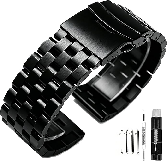 Brushed Metal Watch Bands for Men Women Solid Stainless Steel Watch Band 18/20/22/24/26mm Watch Bracelet Strap Deployment Double Lock Deployment Buckle Black Silver Blue Gold