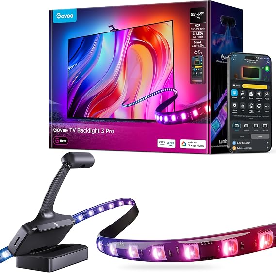 Govee TV Backlight 3 Pro with HDR Triple Camera, Sync to 55-65 Inch Screen | 5-in-1 RGBWWIC Smart LED Strip Lights for Home Theater, 75LEDs/m, Supports AI Filter, DreamView Sync, Compatible with Matter