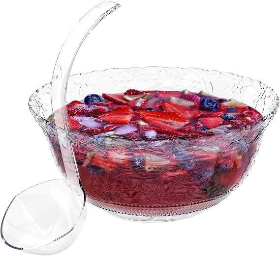 Large Clear Plastic Punch Bowl Set with Ladle, 8 Quart Serving Bowl for Parties, Clear Plastic 5 oz Serving Ladle, Embroidered Punch Bowl with Serving Ladle for Parties, BPA-free