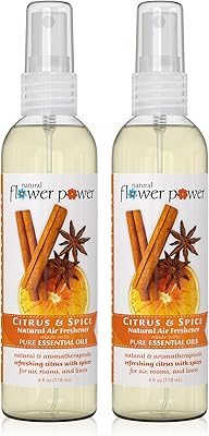 Natural Flower Power Air Freshener Spray - Odor Eliminator wEssential Oils - Home, Car & Fabric - Cruelty Free & Vegan - 2 - Citrus & Spice - 2 x 4 fl oz