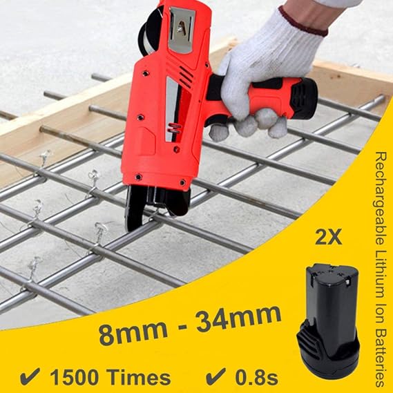 Rebar Tier Tying Machine 12V Automatic Steel Bar Tying Machine Building Tools Handheld Electric Tying Tools Steel Strapping 8-34mm with 2 Rolls of Tying Wires & 2 Battery