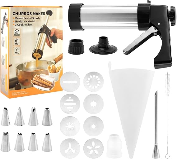 Stainless Steel Churro Maker Kit with 8 Discs, 8 Tips and Piping Bag