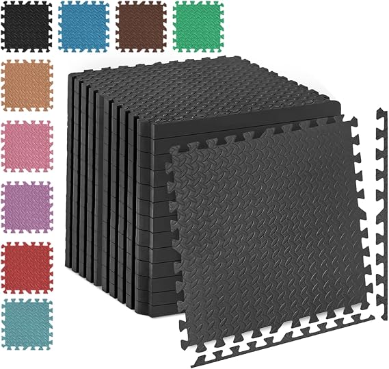 Fk Sports 25mm Extra Thick Gym Flooring Mat, Leaf 60x60cm (Black, 16pcs | 64 sq.ft) Non-skid mats, Soft Cushion EVA Rubber foam, Interlocking Puzzle Floor Tiles, for home Yoga Workout