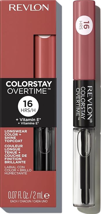 Revlon ColorStay Overtime Lipcolor, 350 Bare Maximum, 0.07 fl oz | Dual-ended liquid lipstick with clear lip gloss. Moisturizing ingredients. Won't smudge, bleed or feather.