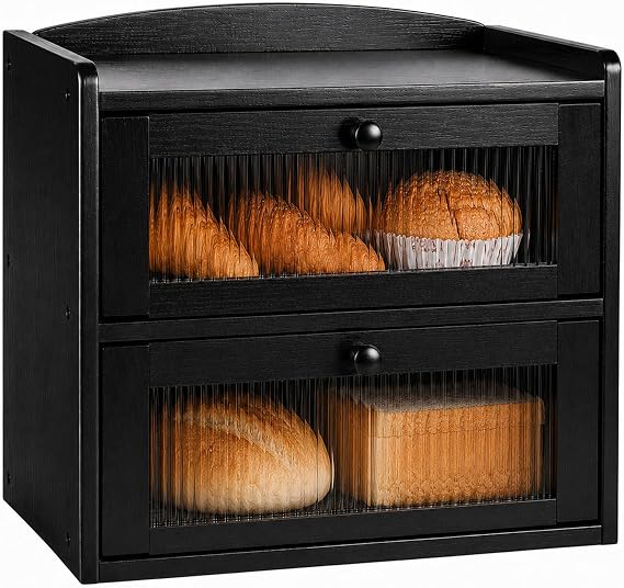 Breadbox for Kitchen Countertop Double Layer Large, Solid Wooden Farmhouse Bread Storage Container with Acrylic Window, Bread Holder Organizer Bin for Homemade Bread and Pantry(Black)