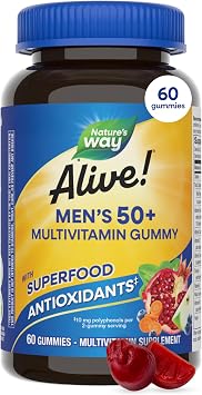 Natures Way Alive! Mens 50 Plus Multivitamin Gummy, Daily Chewable Multivitamins for Men with B-Vitamins, Vitamin D3 & Zinc, Supports Heart, Eye & Energy Metabolism,* Fruit-Flavored, 60 Gummies