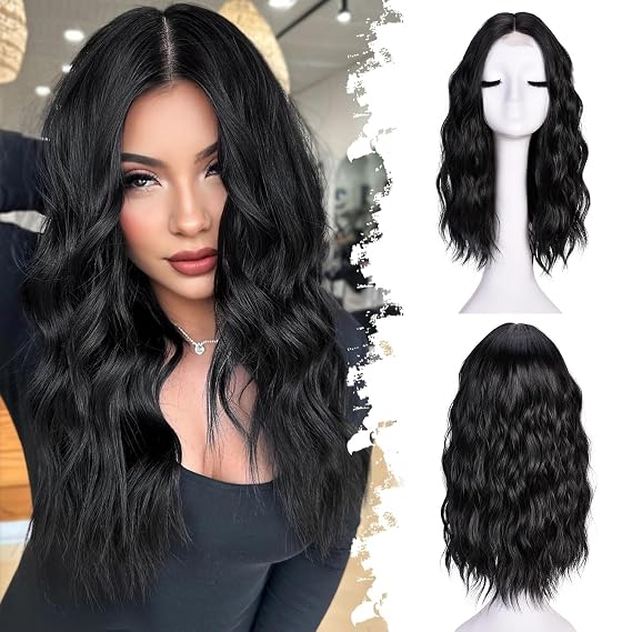 ANNISOUL Short Wavy Wigs for Women Short Lace front Wig Synthetic Wig | 18Inch Black Wig Bob Wavy Wig Middle Part Synthetic Lace Front Natural Hairline Hair for Daily Party Use