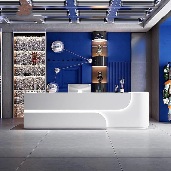 Large Fashion Reception Desk, Commercial Receptionist Desk with Hidden LED Lighting Customizable Logo for Office Salon Reception Room Dental Clinics, Fitness Centers