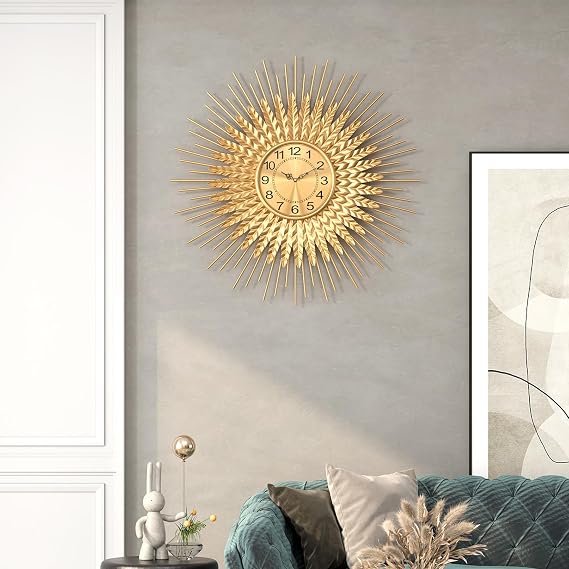 Large Mid Century Gold Wall Clock Decorative Modern Sunburst Wall Clocks, Metal Big Silent Non-Ticking Clock, Luxury Home Gift Decor for Living Room, Bedroom, Dining Room, 70 cm