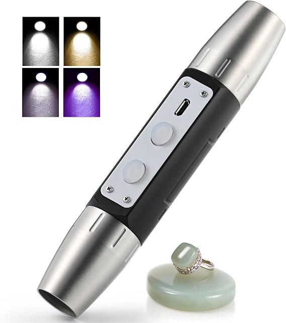 Gemstones UV Flashlight, Super Bright Gem Tester for All Stones, Rechargeable Jade Jewelry Test Light, Yellow White UV 365nm 395nm Flashlight for Gem Stones Wooden Jewelry