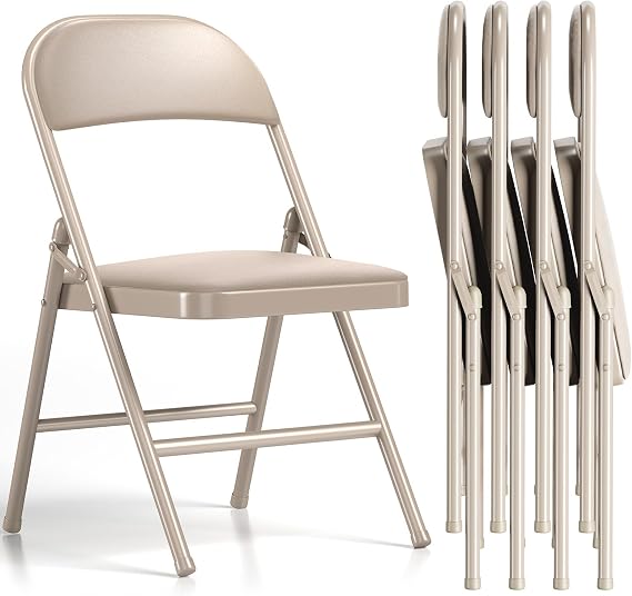 4 Pack Folding Chairs with Cushion Padded Memory Foam Khaki Seating Space-Saving Foldable Chairs for Indoor Outdoor Weddings, Parties, Backyard & Office Events (Khaki, 4 Pack)