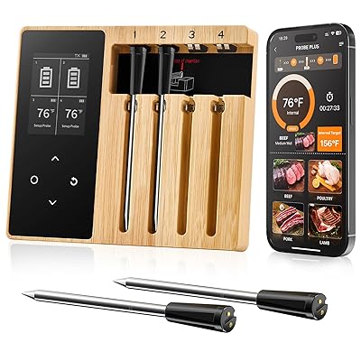 Wireless Meat Thermometer for Grilling and Smoking, Oven Digital Thermometer Instant Read Thermometer for Kitchen Outdoor Cooking Grill, Smoker 4 Probe-Touch Relay