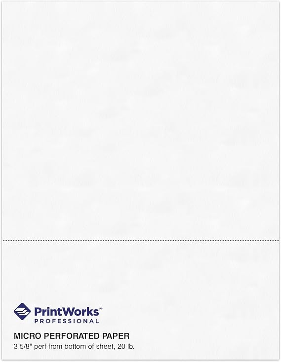 PrintWorks Professional 3 5/8" Horizontal Perforated Paper 8.5 x 11 - Perfect For W-2, 1099, Statement Use - Made in the USA - 500 Sheets - 20 lb - Printer Compatible - White (04132)