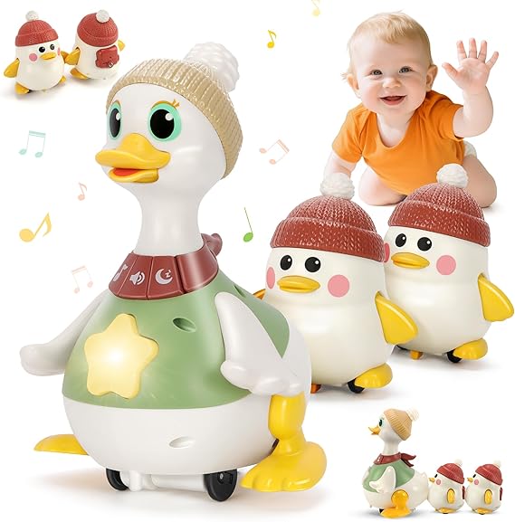 Baby Toys 6 8 10 12 Months, Tummy Time Duck Toy, Musical Dancing Duck Set with Lights & Sounds, Crawling and Interactive Sensory Learning Toy for Infants, Toddlers Gift for 1 Year Old Boy
