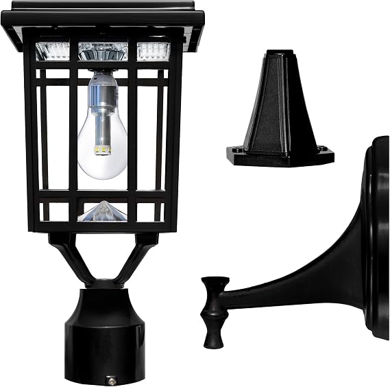 Gama Sonic Prairie Bulb Lamp Outdoor Solar Light Fixture, Pole,Pier, Wall Mount, Solar Lights Outdoor, Black, 114B033