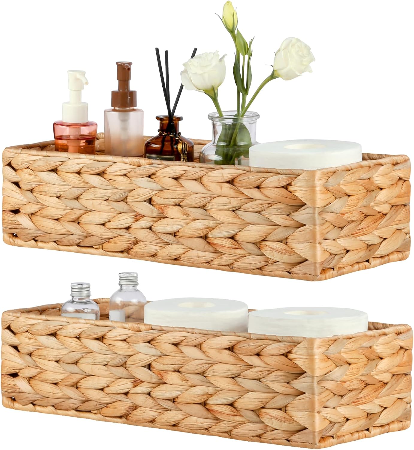 2Packs Toilet Paper Basket, Handwoven Toilet Tank Basket, Water Hyacinth Bathroom Baskets for Toilet Paper, Small Wicker Baskets for Bathroom, Laundry or Home15.7 Lx6.3 Wx3.9 H