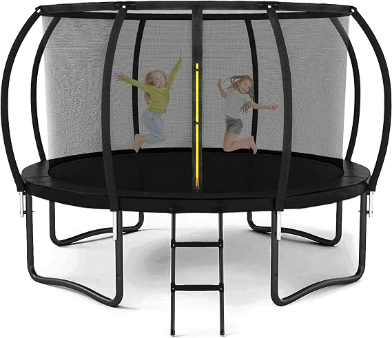 12FT 14FT Trampoline for Kids/Adults - Outdoor Recreational Big Trampolines with Enclosure Net Curved Poles and Ladder, Heavy Duty Trampoline Anti-Rust Coating, ASTM Approval